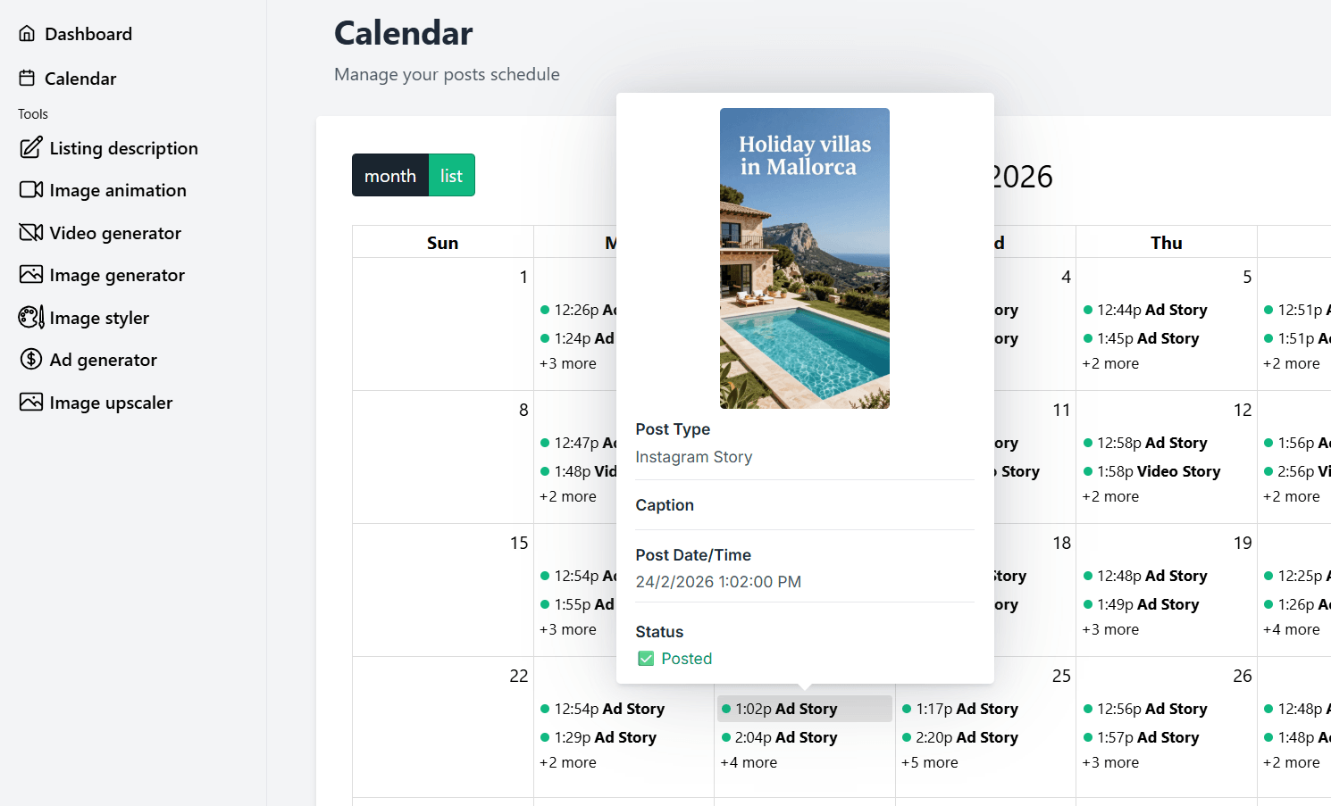 Calendar view of scheduled social posts