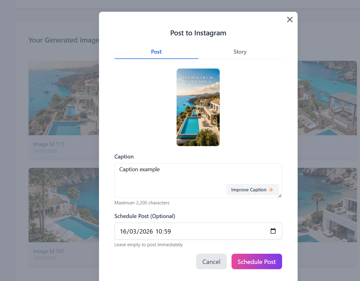 Modal to schedule Instagram post